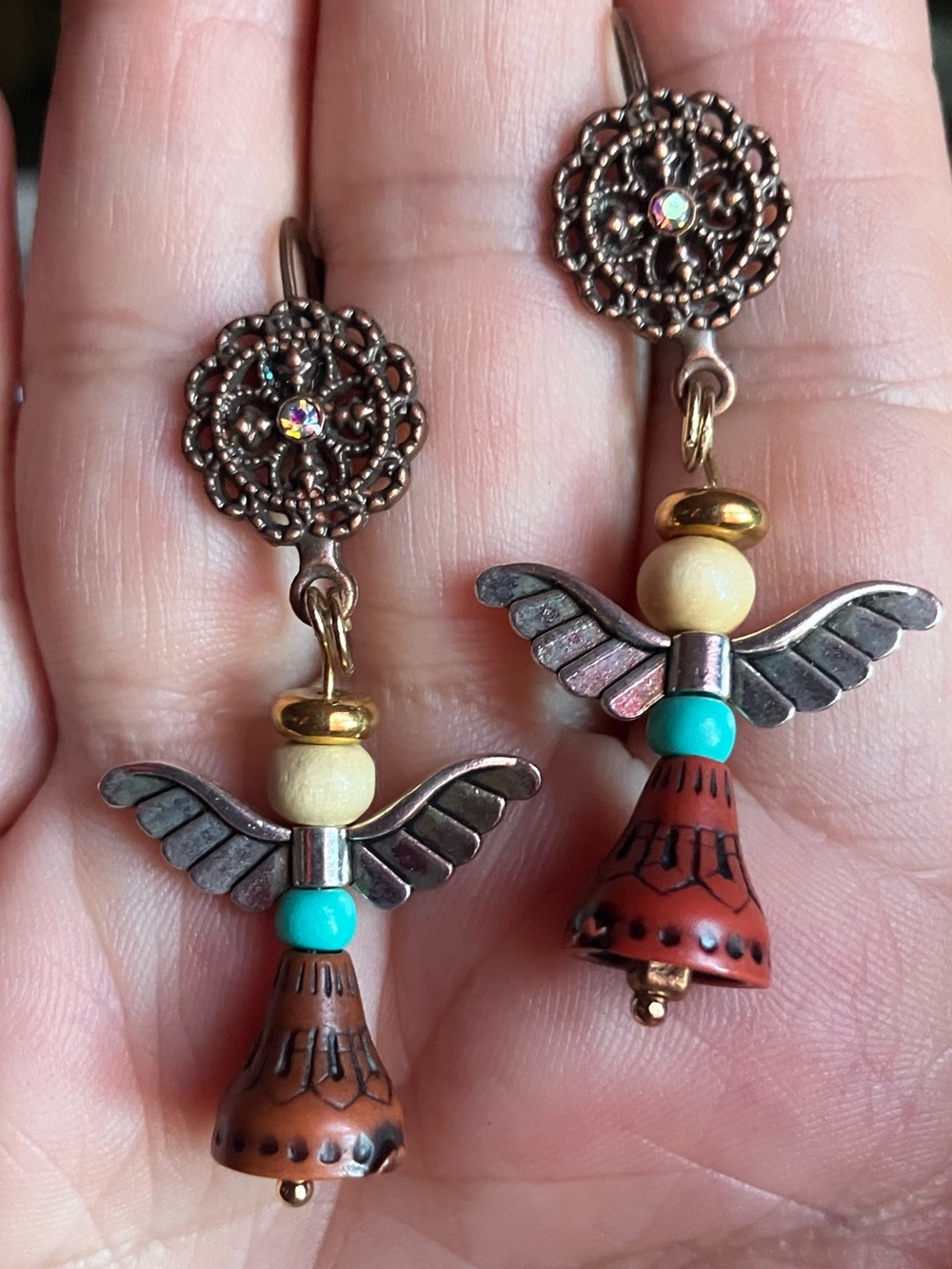 handmade Southwestern Angel earrings turquoise Clay Brown silver tone and gold